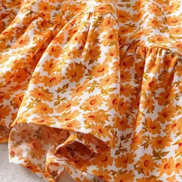 Orange Boho Floral Gypsy Print Short Sleeve Dress - Picture 6 of 8